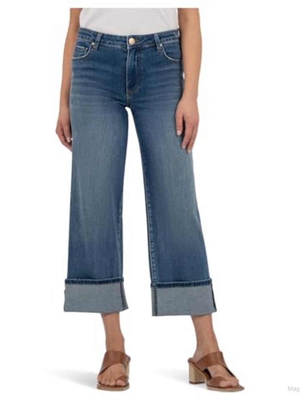 High Rise Wide Leg Roll Up Jeans Cotton Blend Lightweight Stretchable